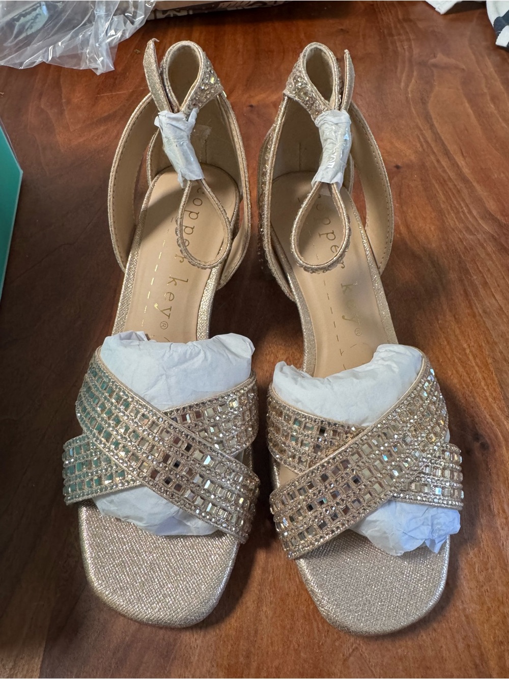 New Copper Key Gold Crystal Block Heel Sandals